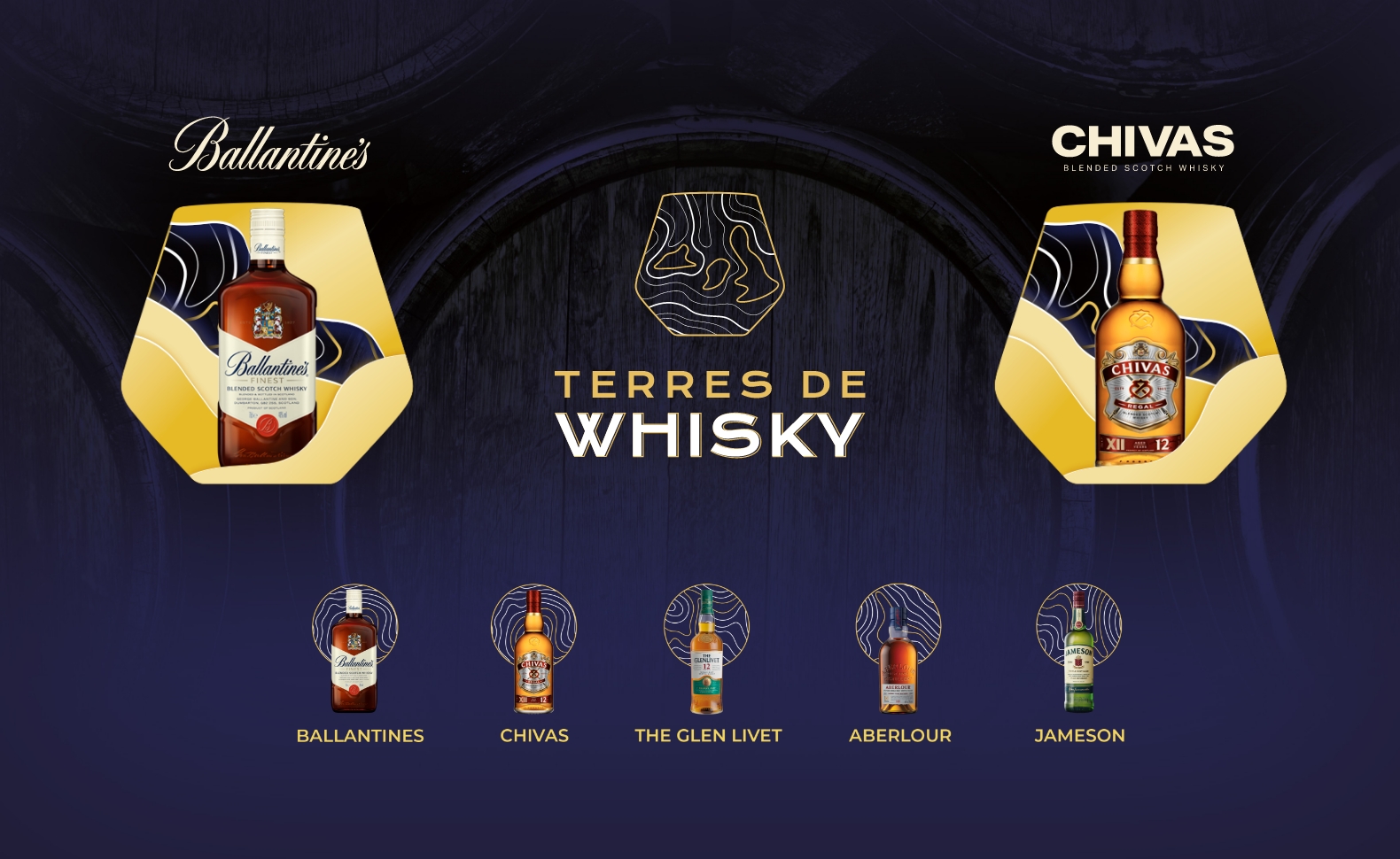 Visuel clé Terres de Whisky — Ballantine's, Chivas, The Glenlivet, Aberlour, Jameson